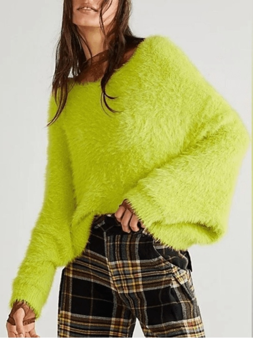 NWOT Free People FP One Crilla Faux Fur Pullover Sweater in Lime